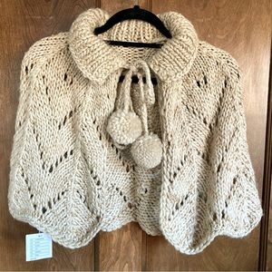Anthropologie Hand Knit Sweater Cape Capelet Pom Pom